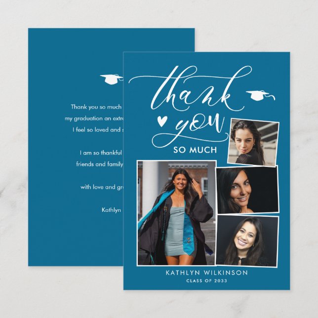 Elegant Script Turquoise Chic 4 Photo Graduation Thank You Card (Front/Back)
