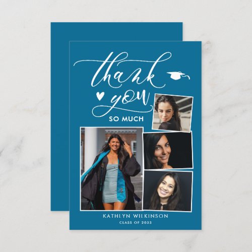 Elegant Script Turquoise Chic 4 Photo Graduation Thank You Card