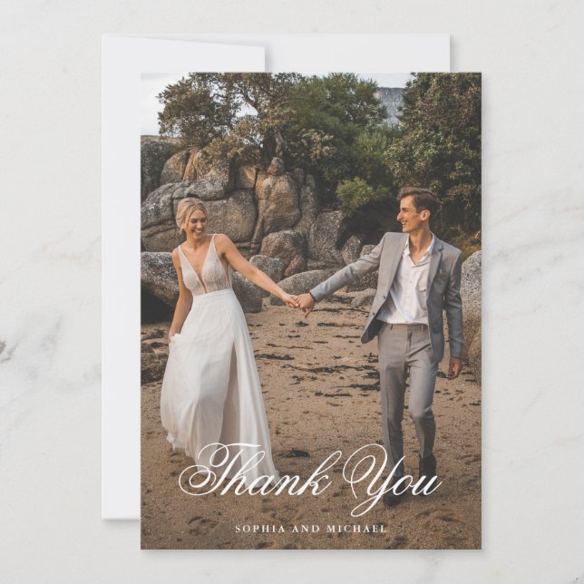 Elegant Script Two Photo Wedding Thank You Card (Front)