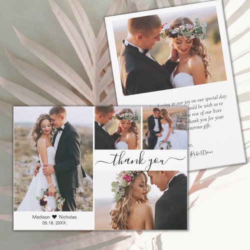 Elegant Script Typography 4 Photo Collage Wedding  Thank You Card