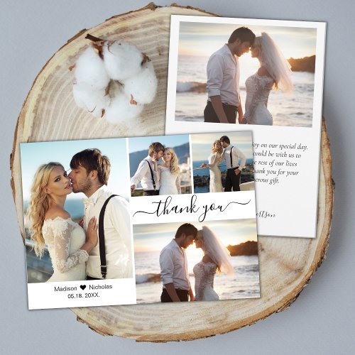 Elegant Script Typography 4 Photo Collage Wedding  Thank You Card