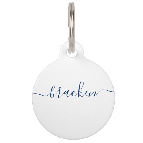 Elegant Script Typography Blue White Personalized Pet ID Tag