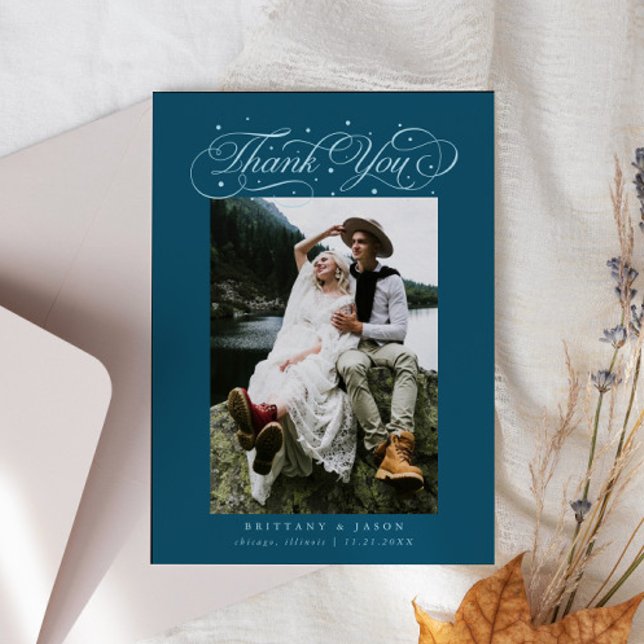 Elegant Script Typography Dots Wedding Photo Teal Thank You Card (Creator Uploaded)