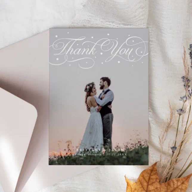 Elegant Script Typography Dots Wedding Photo Thank You Card | Zazzle