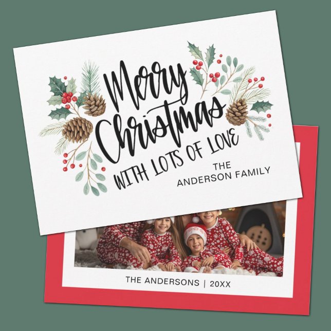 Elegant Script Typography Floral Merry Christmas Holiday Card (An elegant script typography holly photo Christmas card.)