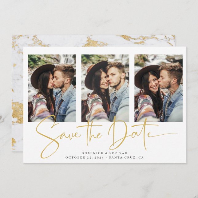 Elegant Script Typography Gold Marble Save The Date (Front/Back)