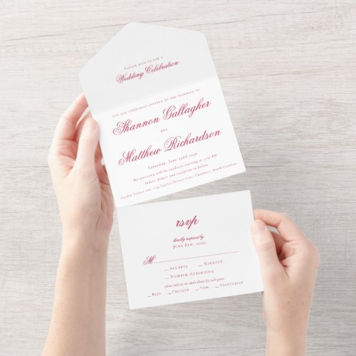 Elegant Script Typography Magenta Wedding All In One Invitation