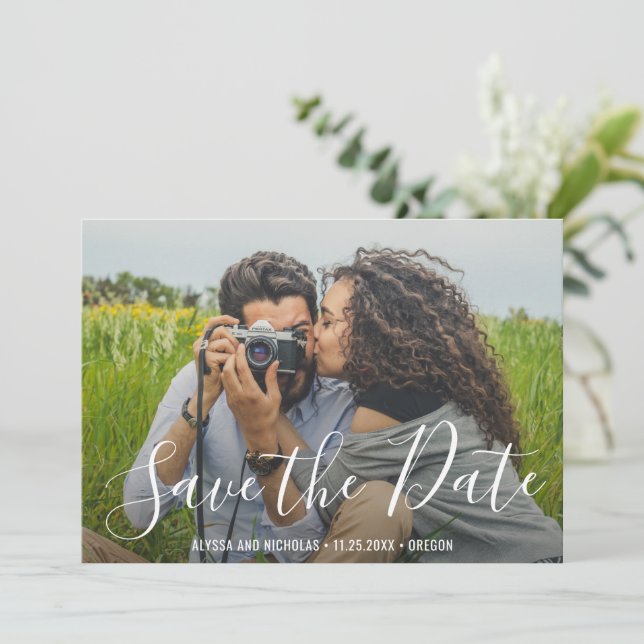Elegant Script Typography Modern Wedding Save The Date (Standing Front)