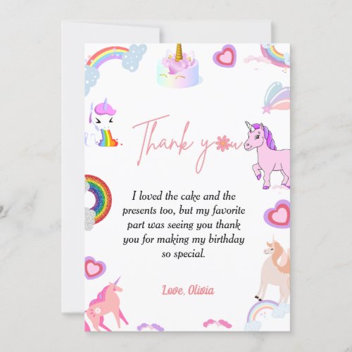 Elegant script unicorn birthday thank you card