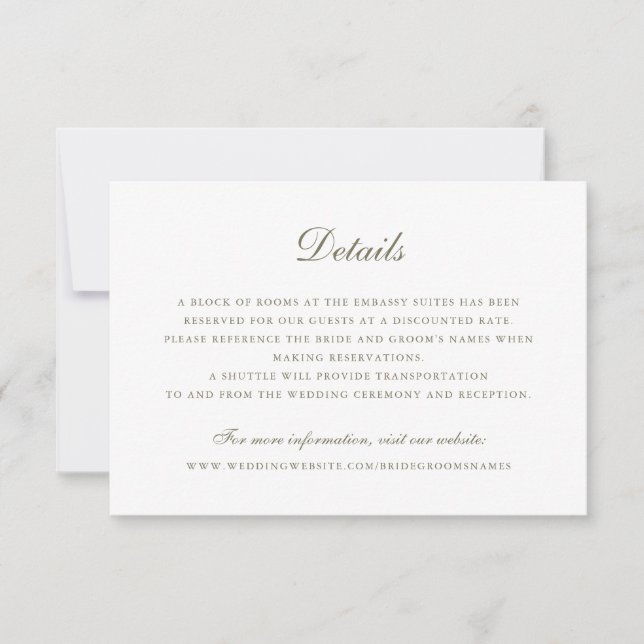 Elegant Script Vintage Olive Green Wedding Details Invitation (Front)