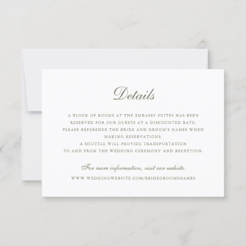 Elegant Script Vintage Olive Green Wedding Details Invitation