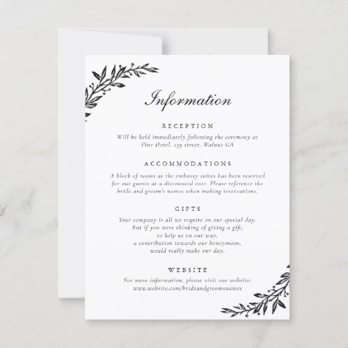 Elegant Script Vintage Olive Leaf Wedding Details Invitation