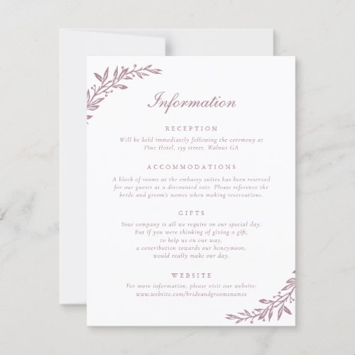 Elegant Script Vintage Olive Leaf Wedding Details Invitation