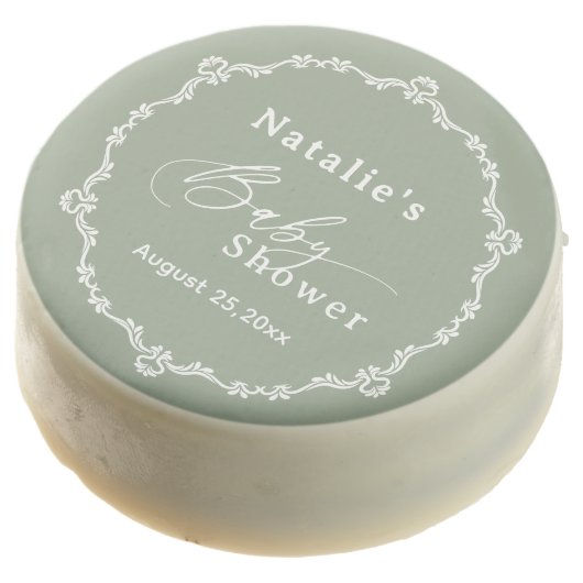 Elegant Script Vintage Sage Green Baby Shower Chocolate Covered Oreo (Angled)
