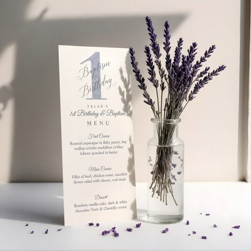 Elegant Script Violet Babys 1st Birthday Baptism Menu