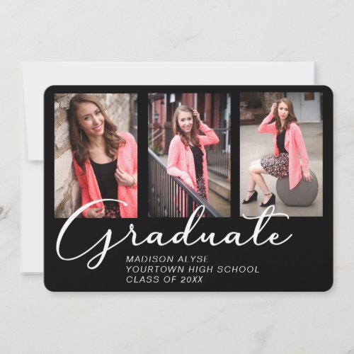 Elegant Script Virtual Graduation 3 Photo Black Invitation