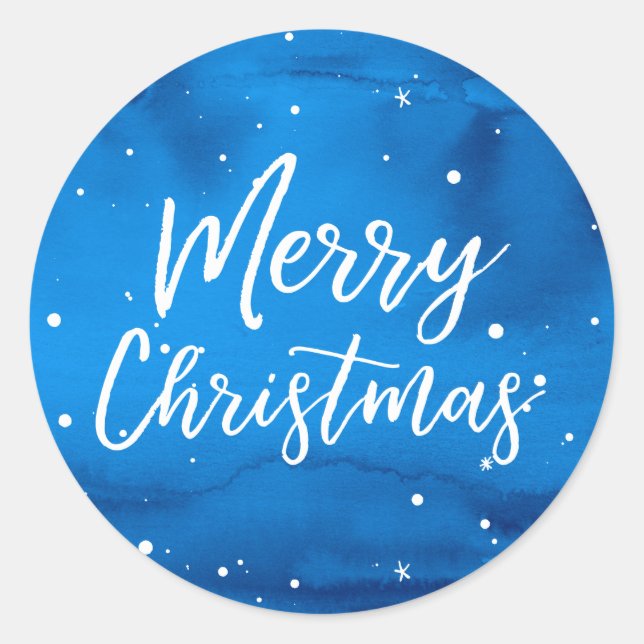 Elegant Script Watercolor Blue Merry Christmas Classic Round Sticker (Front)