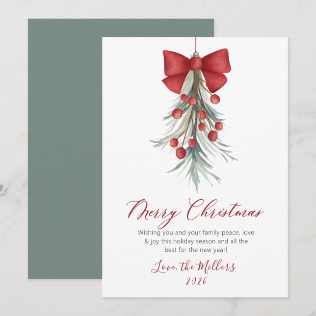 Elegant Script Watercolor Botanical Christmas  Holiday Card (Front/Back)