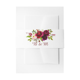 Elegant Script Watercolor Burgundy Floral Invitation Belly Band