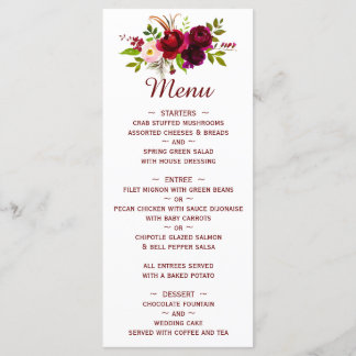 Elegant Script Watercolor Burgundy Floral Menu