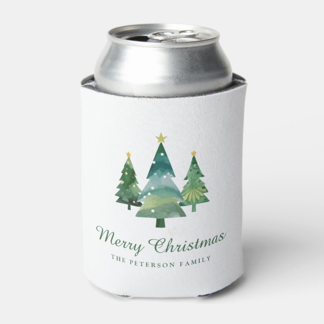 Elegant Script Watercolor Christmas Trees Can Cooler (Can Front)