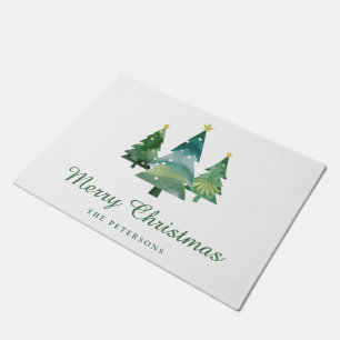 Elegant Script Watercolor Christmas Trees Doormat