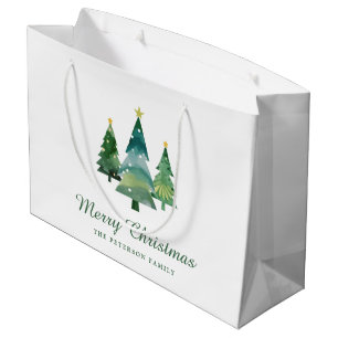 Elegant Script Watercolor Christmas Trees Large Gift Bag