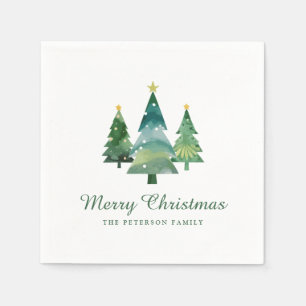 Elegant Script Watercolor Christmas Trees Napkins