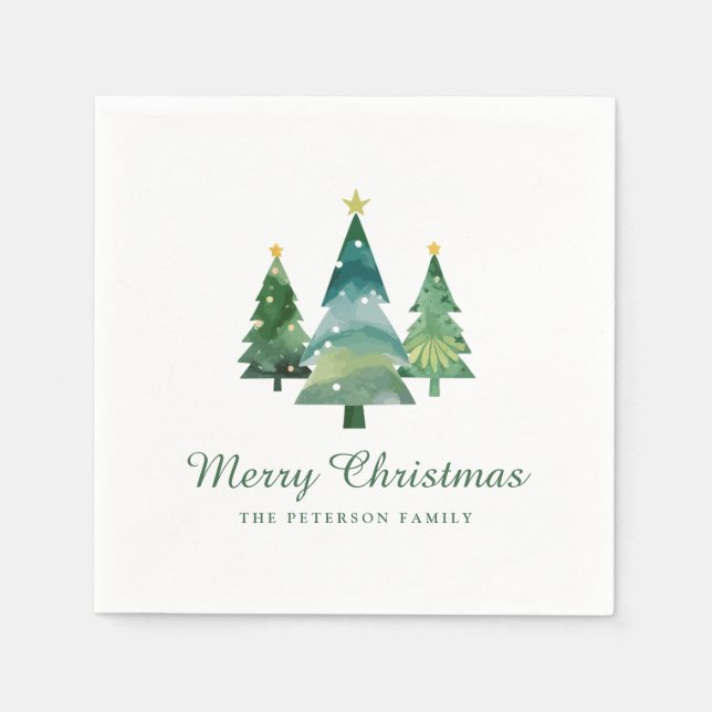 Elegant Script Watercolor Christmas Trees Napkins (Front)