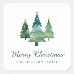 Elegant Script Watercolor Christmas Trees Square Sticker