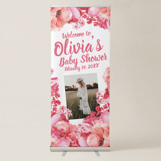 Elegant Script Watercolor Floral Baby Shower Retractable Banner (Front)