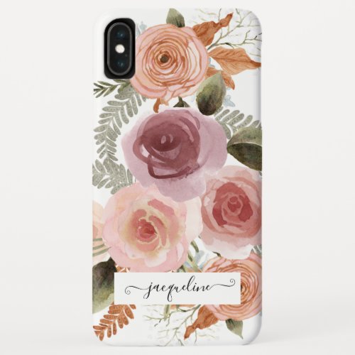 Elegant Script Watercolor Floral Pink White Name iPhone XS Max Case