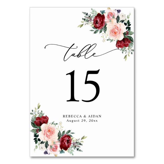Elegant Script Watercolor Floral Table Number (Front)