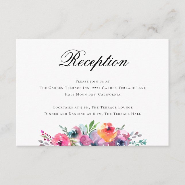 Elegant Script Watercolor Floral Wedding Reception Enclosure Card (Front)