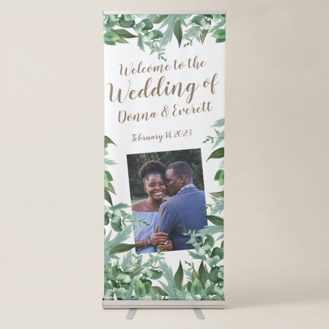 Elegant Script Watercolor Greenery Bridal Shower Retractable Banner (Front)