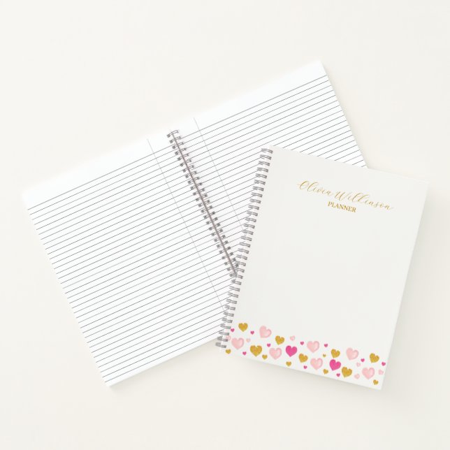 Elegant Script|Watercolor Hearts|Off-White & Gold Notebook (Inside)