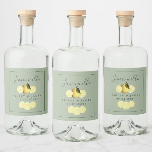 Elegant Script Watercolor Lemon Wedding Limoncello Liquor Bottle Label