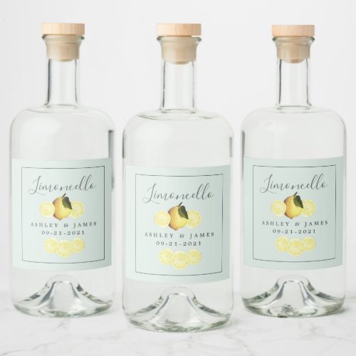 Elegant Script Watercolor Lemon Wedding Limoncello Liquor Bottle Label