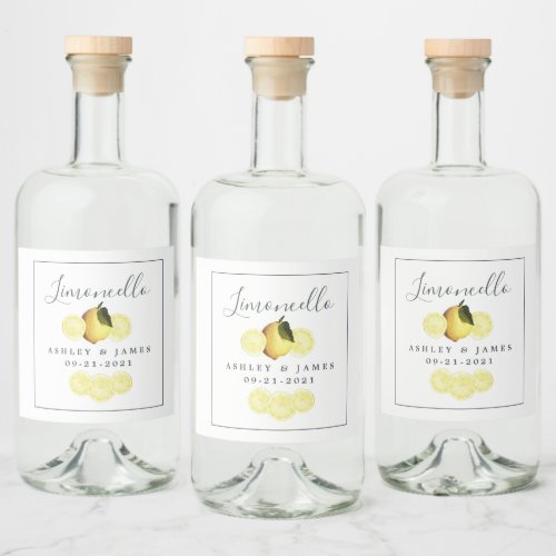 Elegant Script Watercolor Lemon Wedding Limoncello Liquor Bottle Label