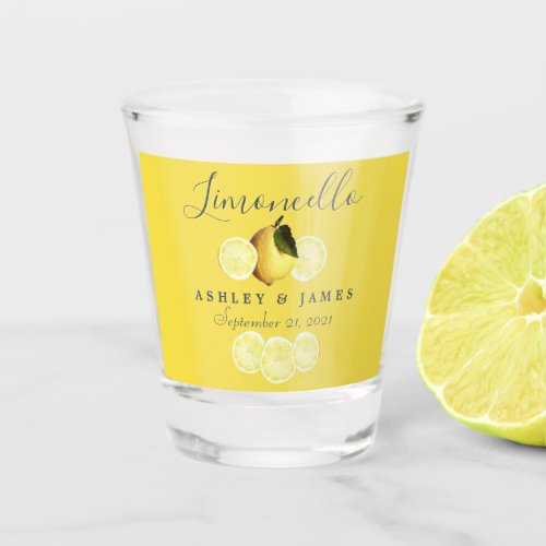 Elegant Script Watercolor Lemon Wedding Limoncello Shot Glass