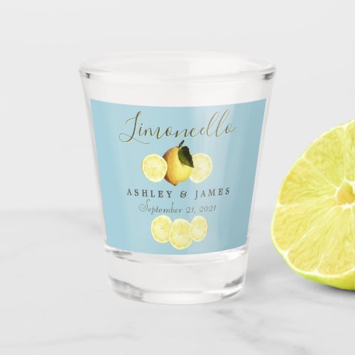 Elegant Script Watercolor Lemon Wedding Limoncello Shot Glass