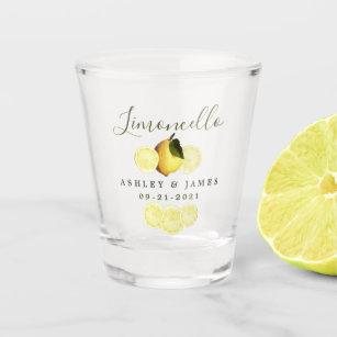 Elegant Script Watercolor Lemon Wedding Limoncello Shot Glass