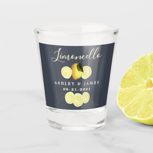 Elegant Script Watercolor Lemon Wedding Limoncello Shot Glass