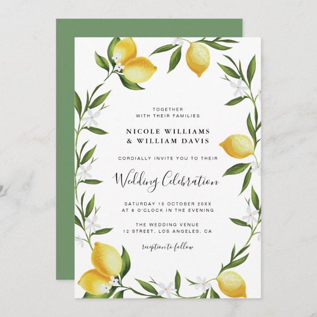 Elegant script watercolor lemons wedding invitation (Front/Back)