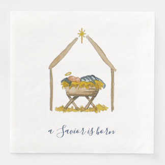 Elegant Script Watercolor Nativity Christmas Paper Dinner Napkins