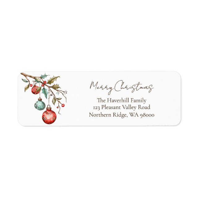 Elegant Script Watercolor Ornaments Christmas Label (Front)