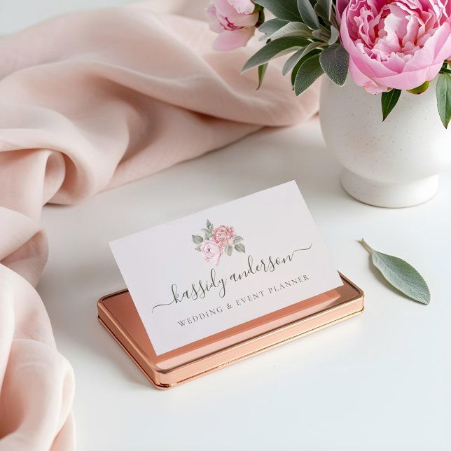 Elegant Script Watercolor Pink Botanical Peony Business Card (Elegant Script Watercolor Pink Botanical Peony Business Card)