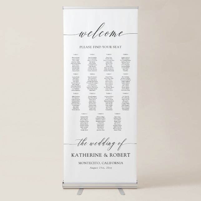 Elegant Script Wedding 15 Table Seating Chart Retractable Banner (Front)