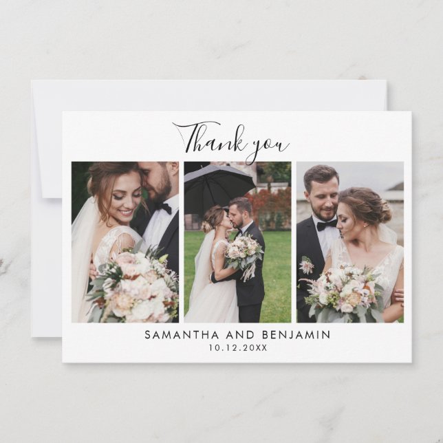 Elegant Script Wedding 3 Photos Thank You Note Card (Front)
