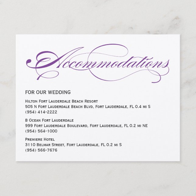 Elegant Script  Wedding Accommodations - Purple Enclosure Card (Front)